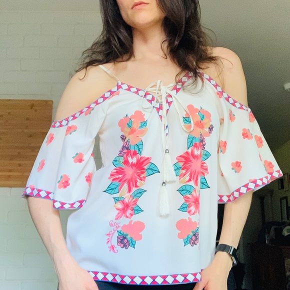 Boho Cold Shoulder Corset Tie Crop Floral Top Med - Picture 3 of 9